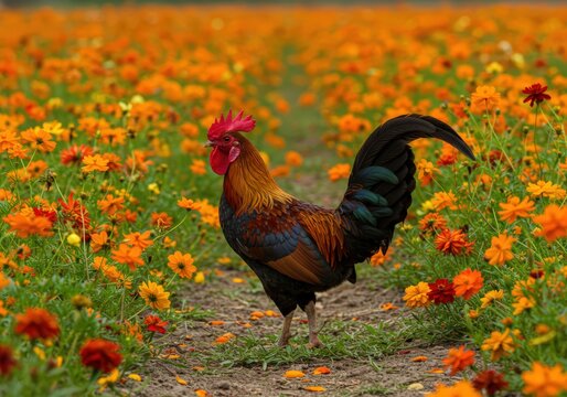 A rooster standing in a field of orange flowers with a path leading into the distance in the daytime - Powered by Adobe