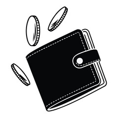 A black wallet with coins being tossed above it, symbolizing finance and savings