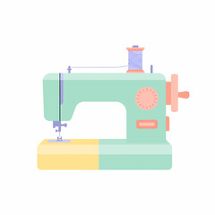 Stylized mint green sewing machine illustration with pink details and purple thread.