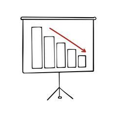 A hand-drawn illustration of a declining bar chart on a presentation screen, indicating a downward trend in performance