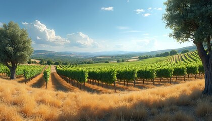 Obraz premium Expansive vineyard landscape under bright summer sky with rolling hills, rich green grapevines. Rows of healthy plants stretch towards horizon, with dry golden grass in foreground, clear blue sky