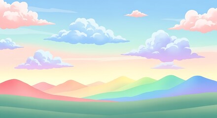 Pastel Rainbow Mountain Landscape with Fluffy Clouds and Ample Copy Space for Design