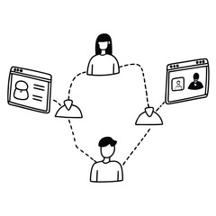 Illustration of digital networking, showing individuals connecting through online profiles and communications