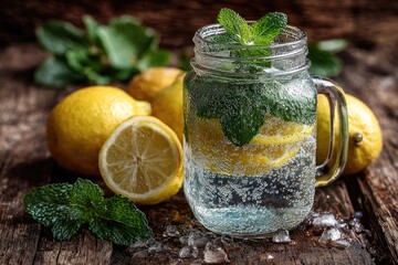 Refreshing lemon and mint infused water in a mason jar, surrounded by lemons and mint sprigs on a rustic wooden surface