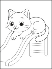 Cute Kitten on Slide Coloring Page for Toddlers. Illustration of  Playful Cat for Kids