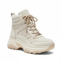 Stylish beige hiking boots with laces and chunky sole design  