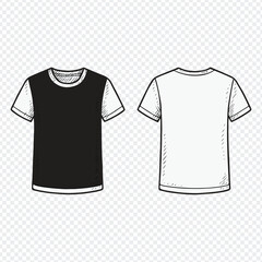 Plain Short Sleeve T-Shirt Front and Back View – Black and White Fashion Sketch Illustration