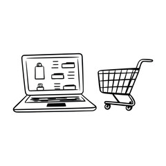 Online shopping illustration featuring a laptop displaying a shopping cart and items