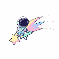 Cute cartoon astronaut riding a vibrant rainbow shooting star featuring a yellow head and trailing colorful dust.