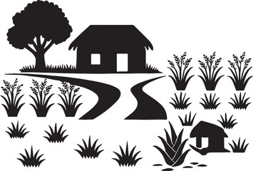 There are agricultural lands and farmers working on the land all around the village hut.  গ্রামীণ পরিবেশে কুড়ে ঘর চার পাশে চাষী জমি কৃষক কাজ করছে