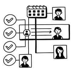 Illustration of a workflow diagram showing task management with user interactions and checkmarks
