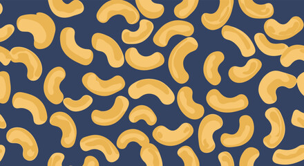 Abstract background pattern of golden macaroni pasta shapes on dark blue canvas fabric texture