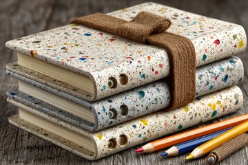Three speckled notebooks bound together with twine, resting on a wooden surface with colored pencils
