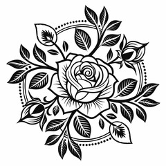 Black and white rose with leaves and decorative circle