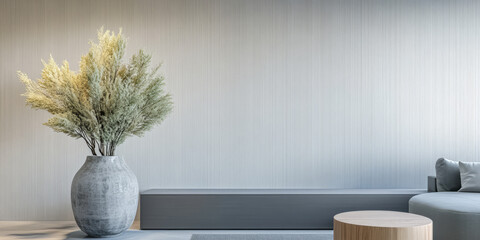 Fototapeta premium Modern minimalist interior design featuring a stylish vase with dried flowers and contemporary furniture in a light-filled room