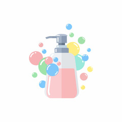 Pink Liquid Soap Dispenser with Gray Pump Surrounded by Colorful Bubbles.