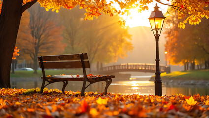 an empty park bench covered in fallen autumn leaves, facing a lake with a lamppost and a small bridge in the background at sunset