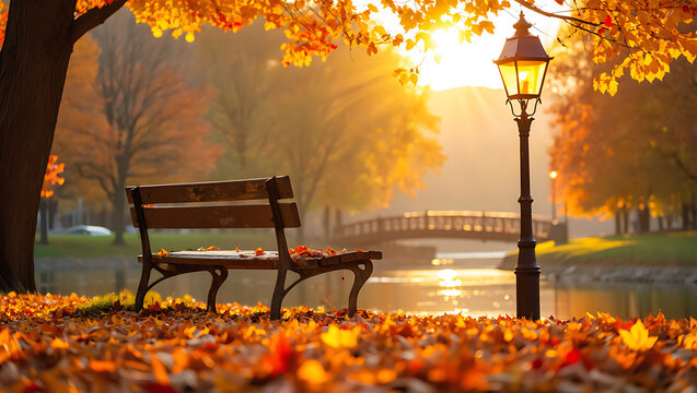 an empty park bench covered in fallen autumn leaves, facing a lake with a lamppost and a small bridge in the background at sunset - Powered by Adobe