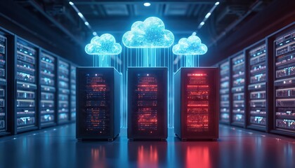 Virtual machine migration concept illustration. Servers transfer data to cloud. infrastructure, network, storage, software, hardware operations. Digital transformation, data management, security,