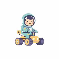 Cute cartoon astronaut smiling in a teal spacesuit riding a yellow space rover with purple wheels.