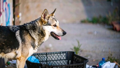 Obraz premium A stray dog stands near a dumpster