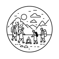 Hiking group around campfire with transparent background