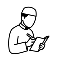 Line art of a man using a tablet with transparent background