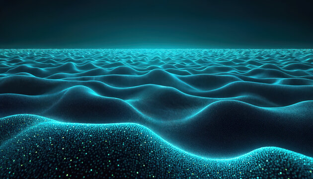 Abstract sonar visualisation of submerged ocean landscapes. Digital art forms undulating waves in deep blue, turquoise hues, suggesting scientific exploration, marine mapping. Minimalist,