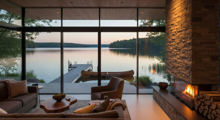 Modern living room with a grand stone fireplace and expansive windows, offering a tranquil view of a serene lake at dusk.