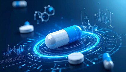 Pharmaceutical technology or medical health care concept, realistic pill with science, Generated with AI.