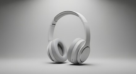Sleek white wireless headphones isolated on a minimalist grey studio background. Modern audio technology concept for music and sound entertainment