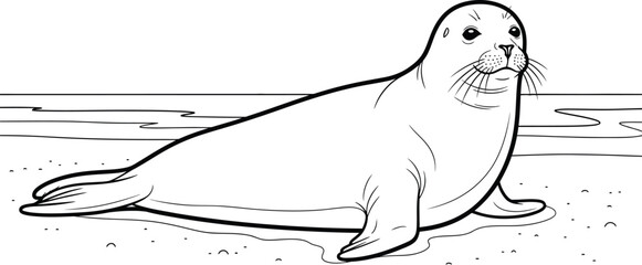 Illustration of a seal resting on the beach in black lines