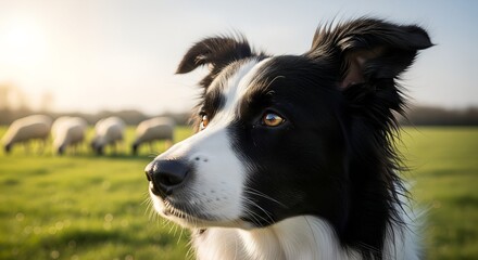 Fototapeta premium A majestic Border Collie sheepdog attentively watching its flock of sheep graze in a sun-drenched pastoral field