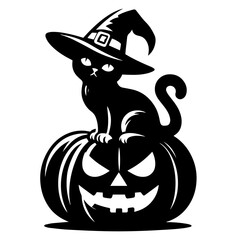 Black & white vector silhouette of a halloween cat with pumpkin on white background