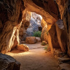 Sunlight streams through a rocky cave archway