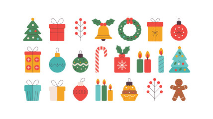 Christmas Ornaments and Holiday Decoration Icons Collection: Festive Design Elements with Trees, Gifts, Bells, Wreath, Ornaments, Candy Canes, Candles, and a Gingerbread Man