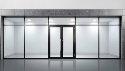 Glass entrance door. Shopping center mall entrance automatic doors with reflection and black frame. 