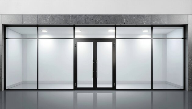 Glass entrance door. Shopping center mall entrance automatic doors with reflection and black frame. 