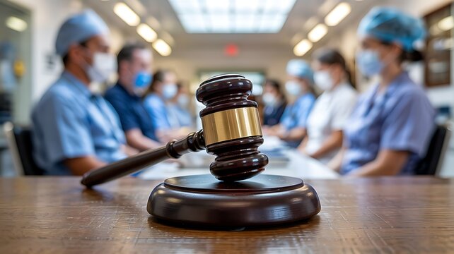 Gavel in the foreground with blurred medical professionals wearing masks and scrubs in the background symbolizing healthcare legal issues - Powered by Adobe