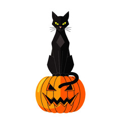 A stylized black cat perched atop a carved, smiling jack-o'-lantern, ready for Halloween