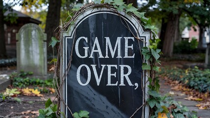 A weathered tombstone in a cemetery with the words game over symbolizing the end of a life or a challenge