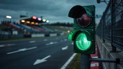 Close up of a green traffic light at a race track signaling go with blurred grandstands and track in the background