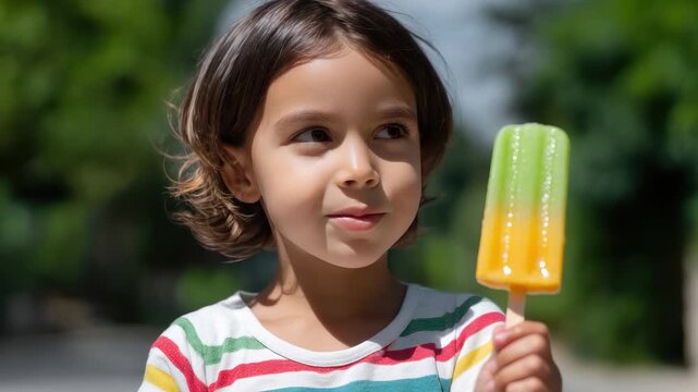 Happy child licking vibrant two colored ice pop, smiling brightly during sunny day, embodying carefree summer moments