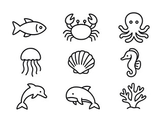 Marine life icons: fish, crab, octopus, jellyfish, shell, seahorse, dolphin, coral