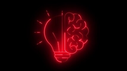 glowing neon light bulb with brain icon animation on black background. - Powered by Adobe