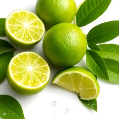 Fresh Green Lime with Slices and Leaves on White Background