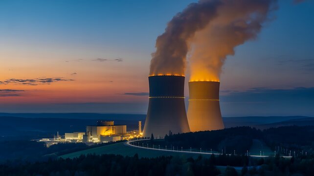 Majestic cooling towers of a nuclear power plant emitting steam against a dramatic dusk sky