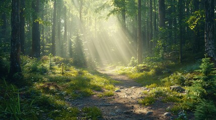 Obraz premium Sunlit Forest Path: Magical Green Woods at Dawn
