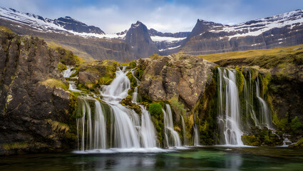Obraz premium Serene Icelandic Waterfall Cascading Down Mossy Rocks with Majestic Snow-Capped Mountains in Background