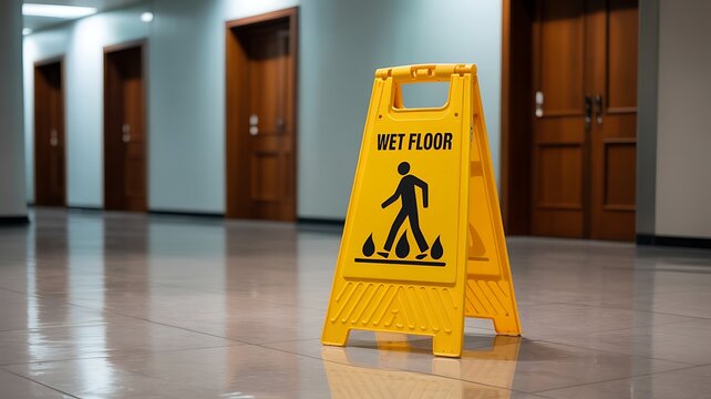 Bright yellow wet floor caution sign with silhouette of person walking on slippery floor in hallway